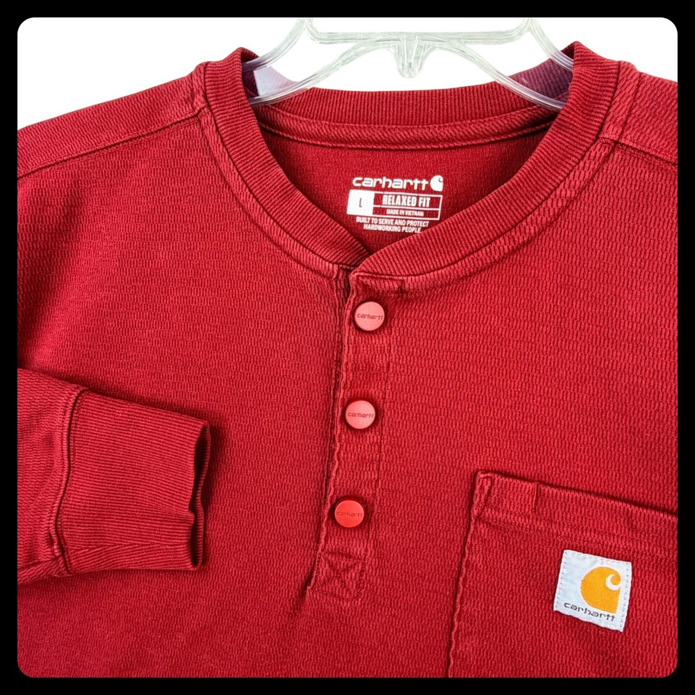 Carhartt Thermal Henley Shirt Men Large Red Waffle Knit Long Sleeve Pocket Logo